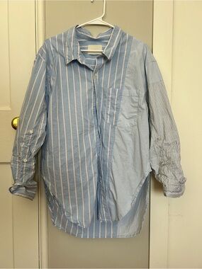 Blue Striped Patchwork Button-Up Shirt